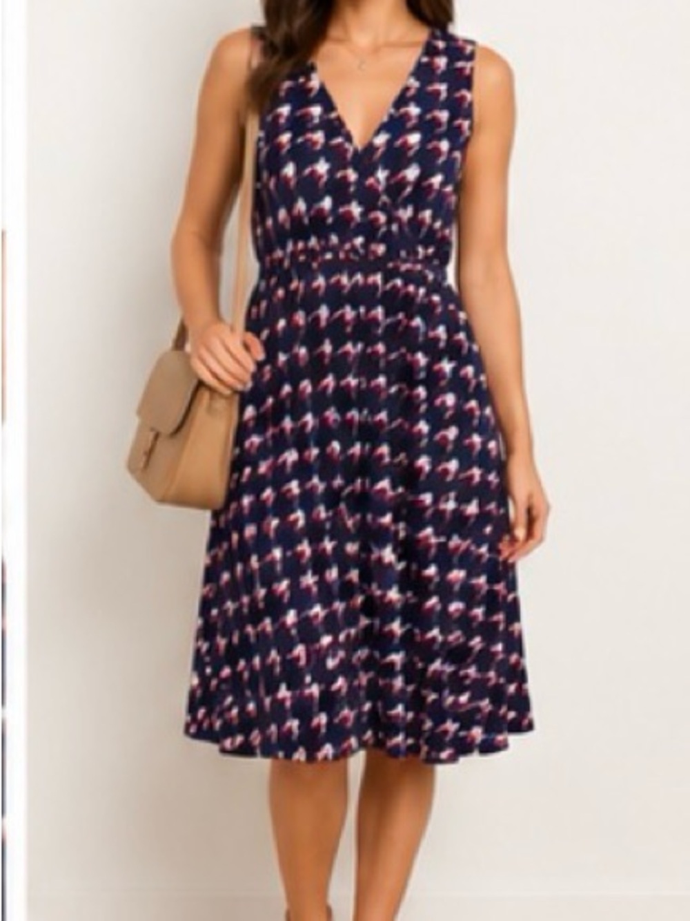 Tommy Hilfiger Navy Sleeveless V‑Neck Midi Dress with Pink & White Print